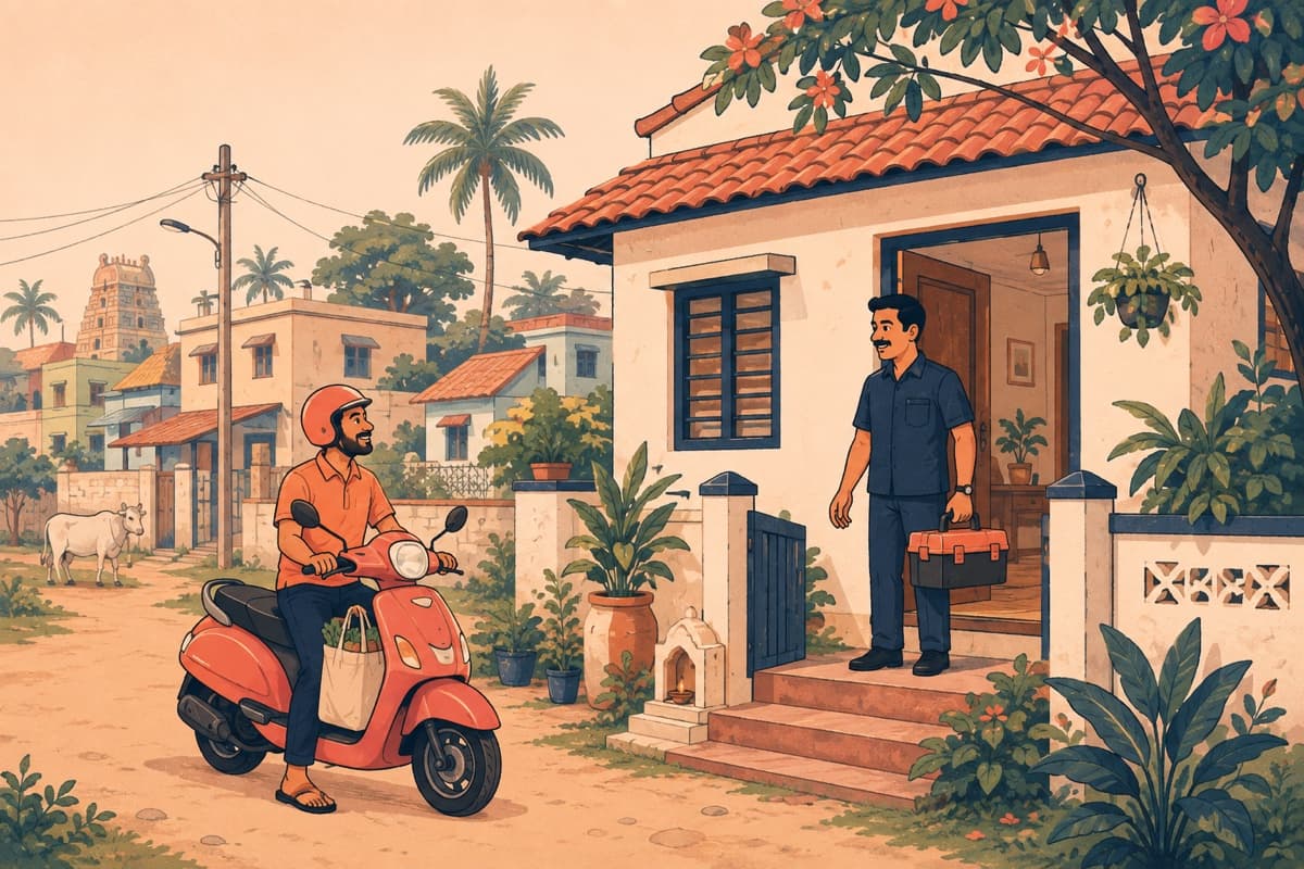 A delivery rider and home service professional in a local neighbourhood